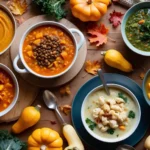 Cozy fall scene with bowls of colorful soups, including butternut squash, lentil, and roasted cauliflower soup, surrounded by seasonal ingredients like squash, kale, and root vegetables on a rustic wooden table with autumn leaves and warm textiles