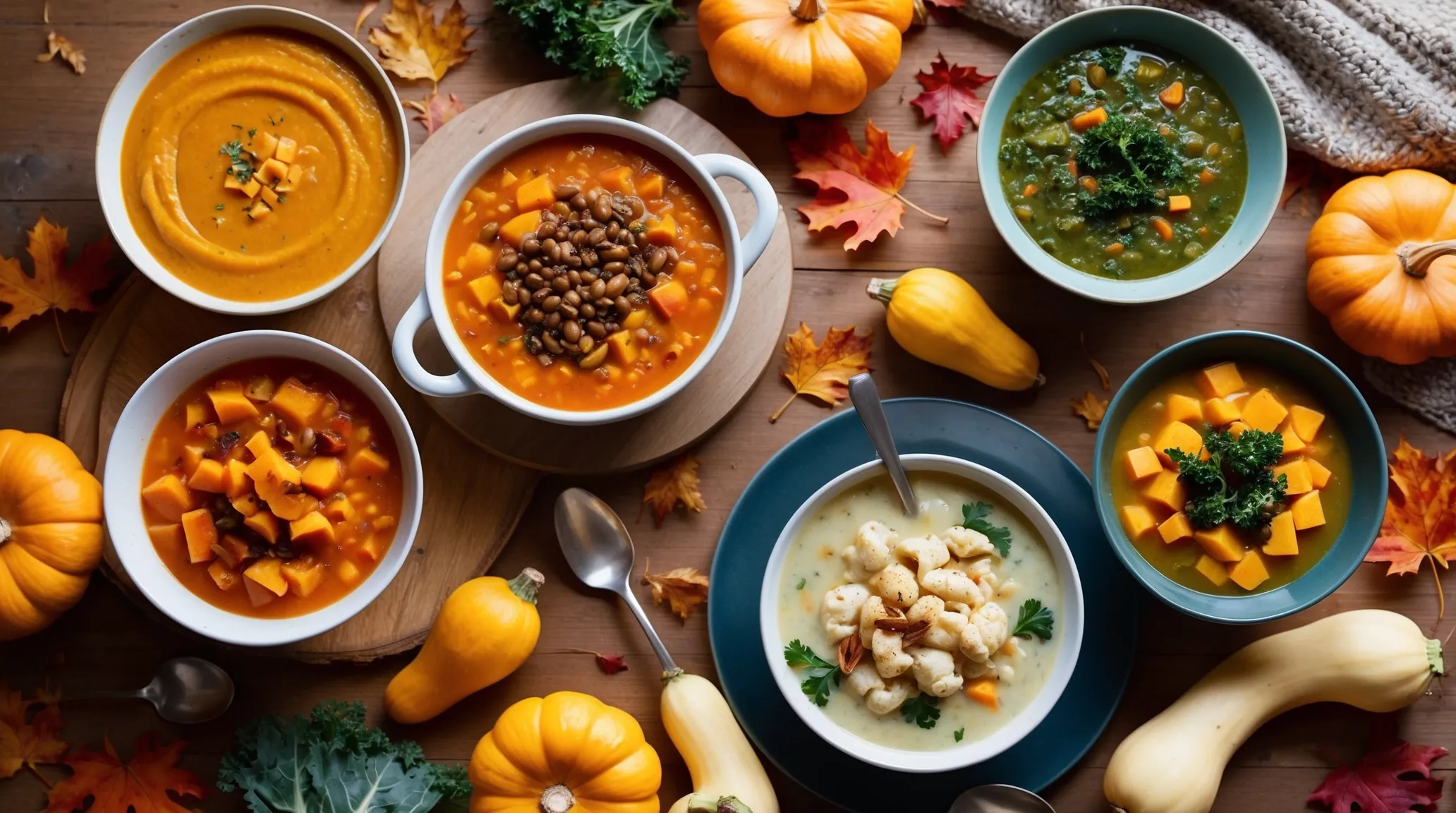 Cozy fall scene with bowls of colorful soups, including butternut squash, lentil, and roasted cauliflower soup, surrounded by seasonal ingredients like squash, kale, and root vegetables on a rustic wooden table with autumn leaves and warm textiles