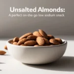 Featured image showcasing a variety of low sodium snacks, including unsalted almonds, fresh veggies with hummus, rice cakes with avocado, Greek yogurt with berries, and air-popped popcorn, neatly arranged on a wooden table with a clean, modern kitchen background. The text '5 Delicious Low Sodium Snacks' is displayed at the top