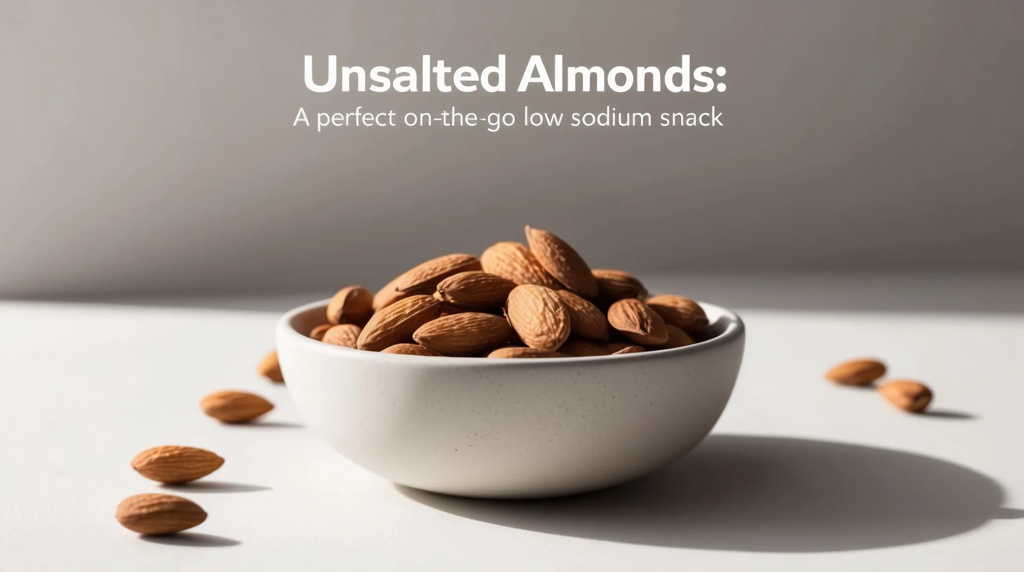 Featured image showcasing a variety of low sodium snacks, including unsalted almonds, fresh veggies with hummus, rice cakes with avocado, Greek yogurt with berries, and air-popped popcorn, neatly arranged on a wooden table with a clean, modern kitchen background. The text '5 Delicious Low Sodium Snacks' is displayed at the top