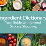 Colorful arrangement of various food ingredients including fruits, vegetables, grains, and spices with text overlay 'Ingredient Dictionary' for a blog post on informed grocery shopping