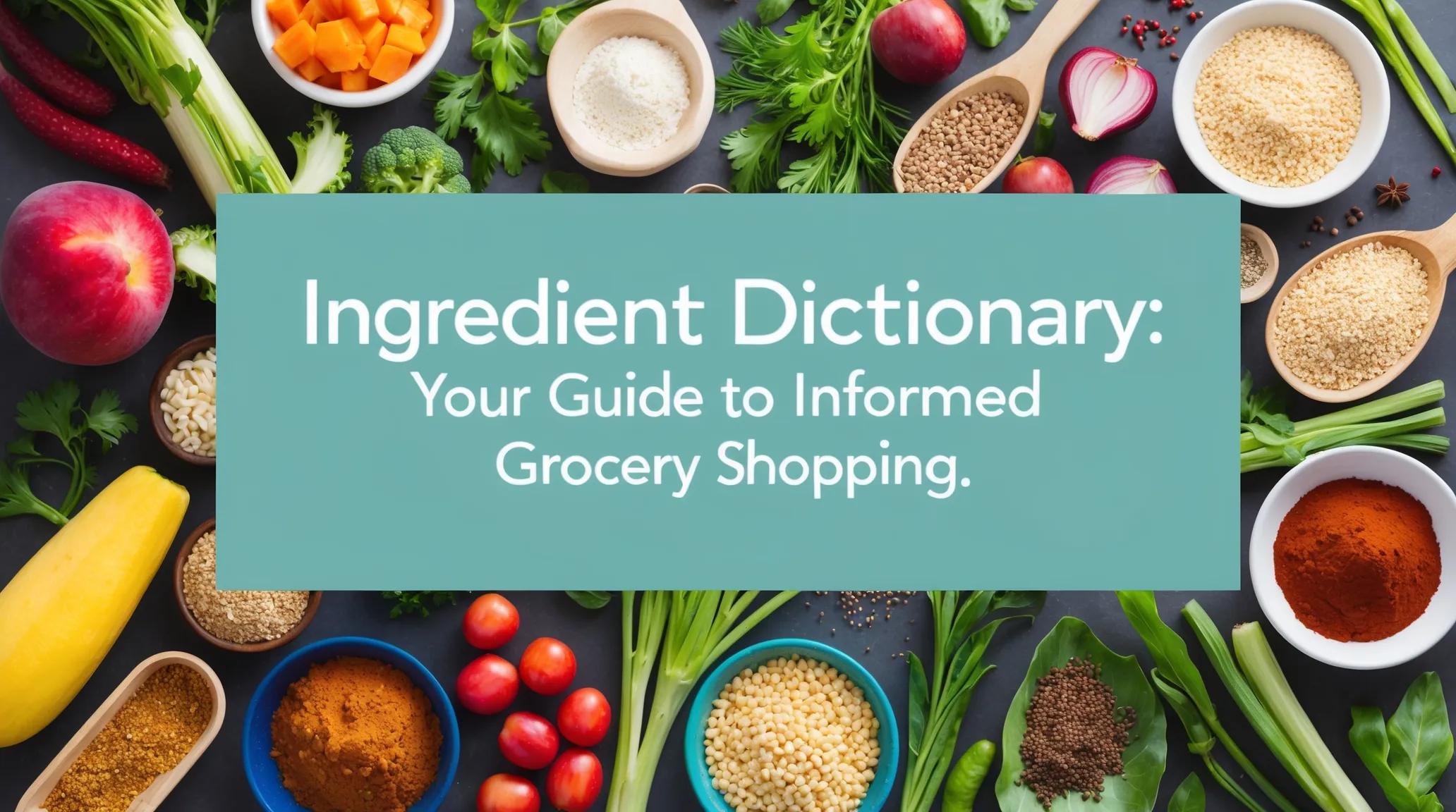 Colorful arrangement of various food ingredients including fruits, vegetables, grains, and spices with text overlay 'Ingredient Dictionary' for a blog post on informed grocery shopping