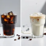 A glass of iced coffee next to a glass of iced latte, highlighting the color and texture differences between the two cold coffee drinks. The iced coffee is dark with no milk, while the iced latte is lighter with milk, both served with ice cubes. Coffee beans and ice cubes are scattered in the background