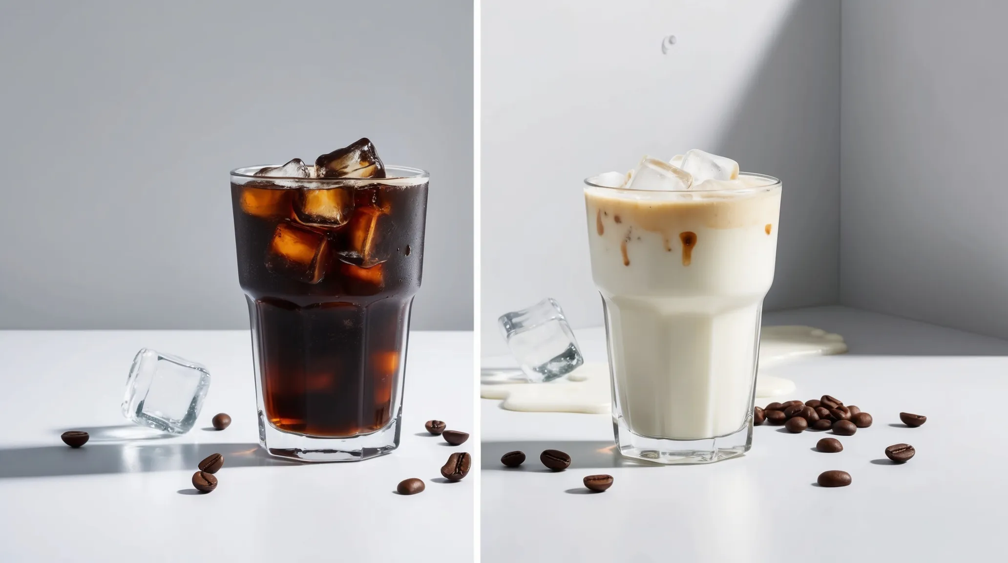 A glass of iced coffee next to a glass of iced latte, highlighting the color and texture differences between the two cold coffee drinks. The iced coffee is dark with no milk, while the iced latte is lighter with milk, both served with ice cubes. Coffee beans and ice cubes are scattered in the background