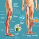 Illustration depicting various types of leg pain, highlighting muscle strain, sciatica, and circulation issues like DVT and PAD. The image includes human figures with labeled pain areas and representations of home remedies, such as a smoothie, herbal remedies, and a warm bath, creating a calming and informative visual for a blog post on leg pain causes and treatments