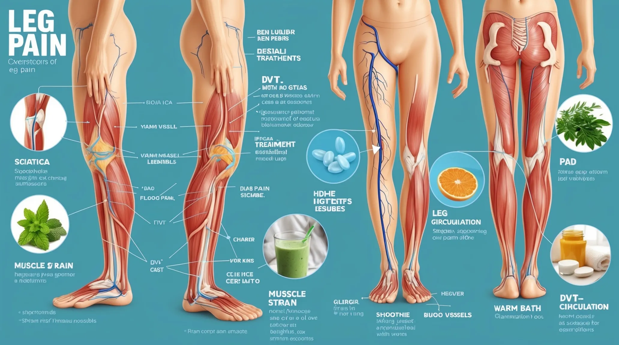 Illustration depicting various types of leg pain, highlighting muscle strain, sciatica, and circulation issues like DVT and PAD. The image includes human figures with labeled pain areas and representations of home remedies, such as a smoothie, herbal remedies, and a warm bath, creating a calming and informative visual for a blog post on leg pain causes and treatments