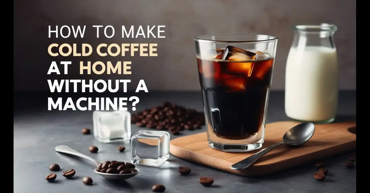 Homemade iced cold coffee in a glass on a rustic kitchen countertop with ice cubes and coffee beans, alongside milk, sugar, and a spoon
