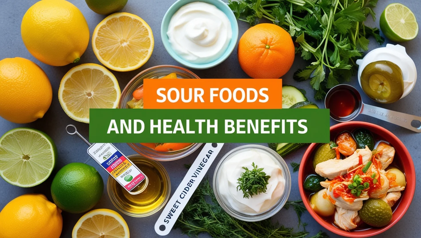 Colorful assortment of sour foods including lemons, limes, oranges, yogurt, kimchi, pickles, and sweet and sour chicken, highlighting their health benefits in a vibrant layout with fresh herbs and apple cider vinegar