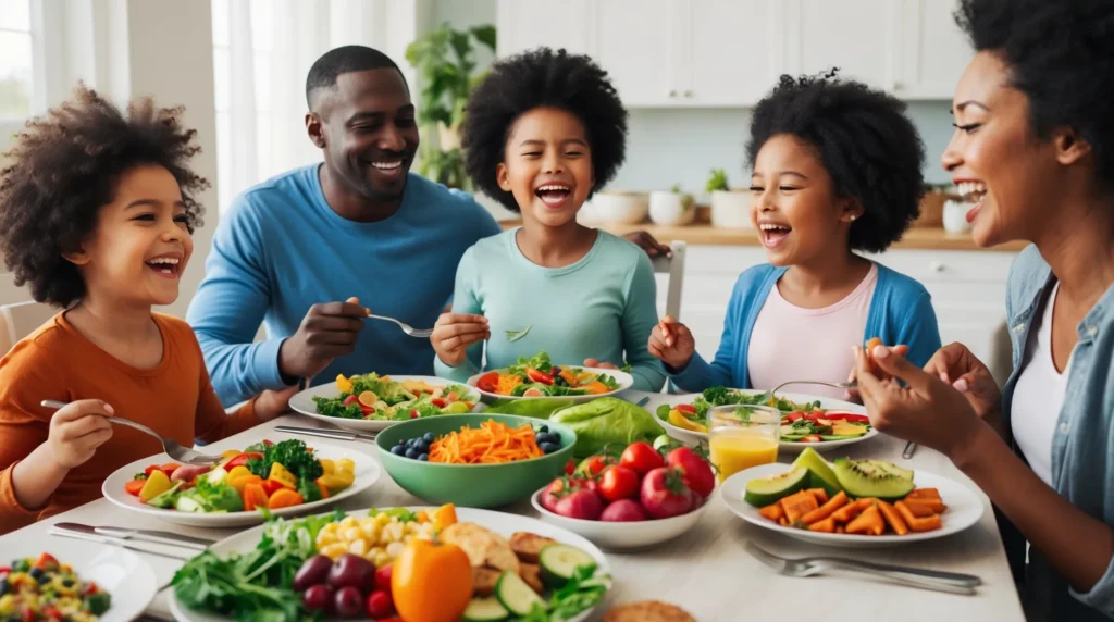  a motivational scene of a family enjoying a healthy meal together at the dinner table. Include a variety of colorful, nutritious foods on the table, and capture expressions of joy and togetherness, emphasizing the 