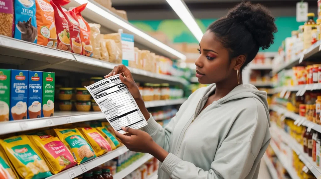 a person in a grocery store examining food labels. Capture their thoughtful expression as they read the nutritional information on a package, with various products on the shelves around them. 