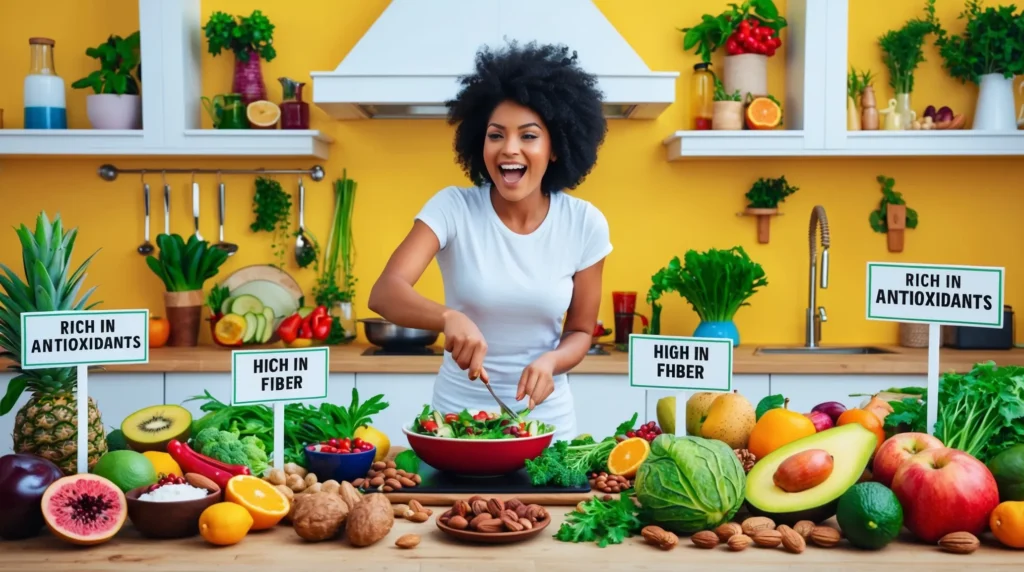 a vibrant kitchen scene featuring an array of fresh ingredients, such as fruits, vegetables, nuts, and herbs. Show a person enthusiastically preparing a meal, highlighting the colorful and diverse foods. Include labels or small signs next to each ingredient showcasing its nutritional benefits, like 'rich in antioxidants' or 'high in fiber