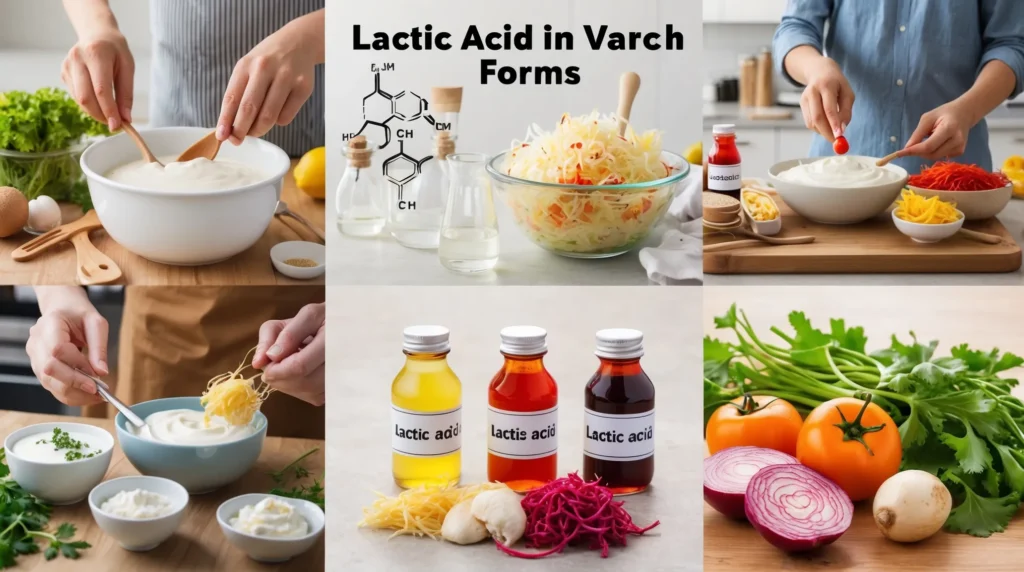 a visually engaging image that depicts lactic acid in various forms. Include a scene showing a kitchen with a person preparing fermented foods like yogurt, sauerkraut, and kimchi,