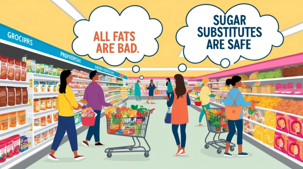 an illustrative scene showing a grocery store aisle with people shopping. Include visual elements that represent common myths about nutrition, like 'all fats are bad' or 'sugar substitutes are safe,' depicted as thought bubbles over the shoppers’ heads. Use bright colors and engaging characters.