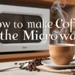 Steaming cup of coffee on a kitchen countertop with a microwave in the background, surrounded by coffee beans and a spoon