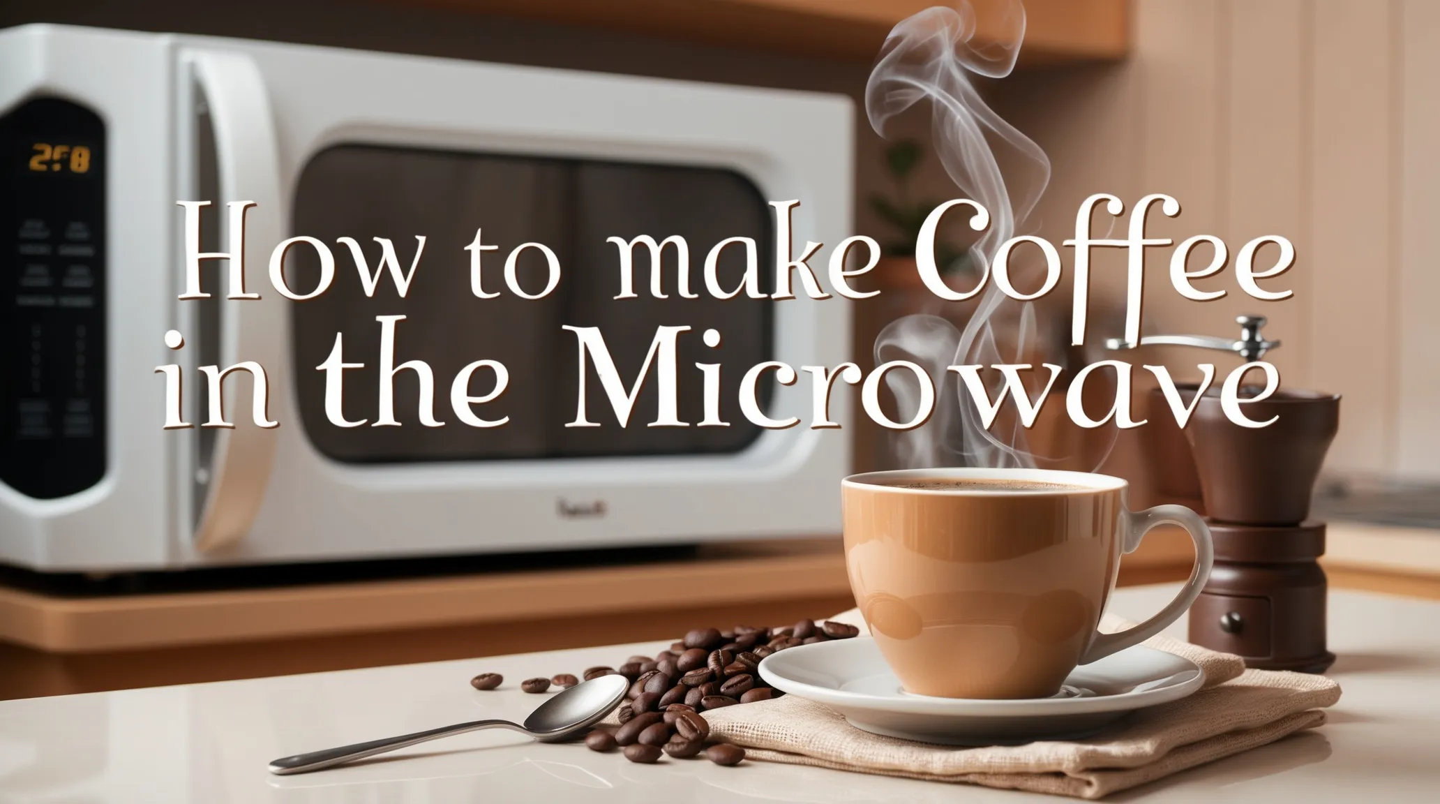 Steaming cup of coffee on a kitchen countertop with a microwave in the background, surrounded by coffee beans and a spoon