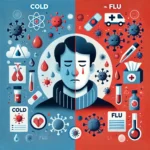 Visual comparison of cold and flu symptoms. On the left, a person with cold symptoms like runny nose and sneezing, while on the right, a person with flu symptoms such as fever, body aches, and fatigue. The background includes medical icons like viruses, tissues, and thermometers, with blue for cold and red for flu