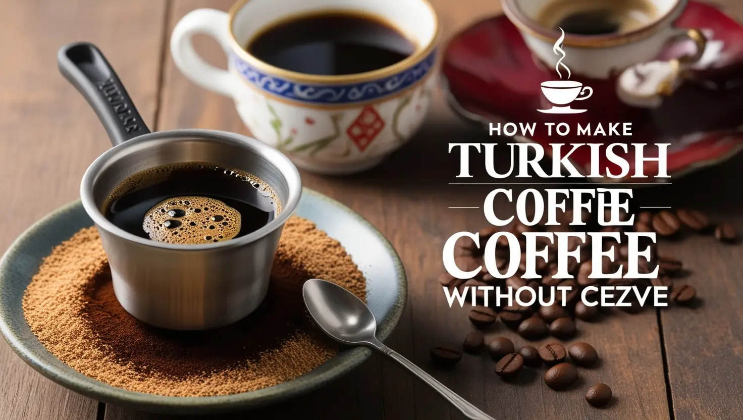 Freshly brewed Turkish coffee in a small heat-resistant pot, surrounded by coffee beans and a traditional coffee cup on a rustic wooden surface, illustrating how to make Turkish coffee without a cezve