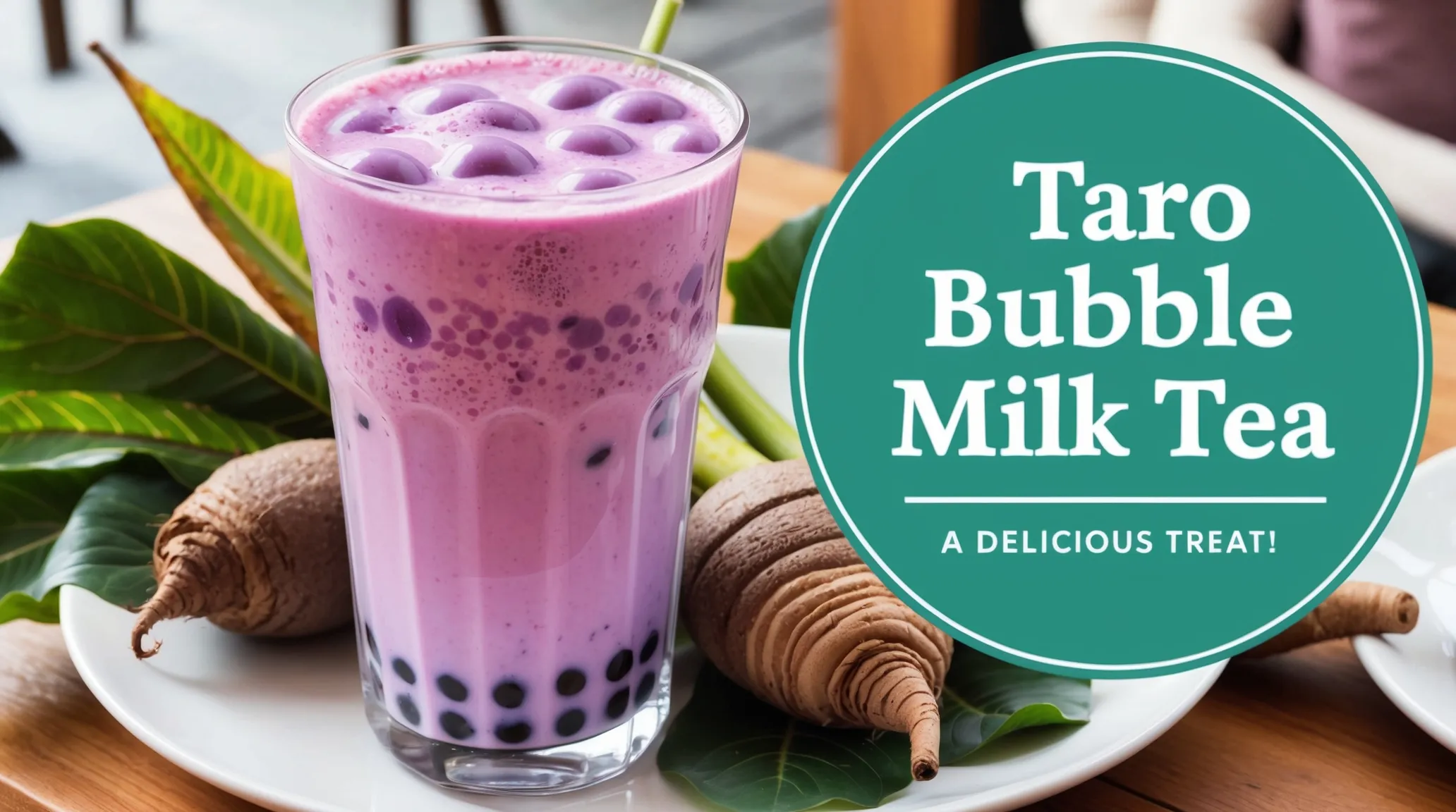 Glass of creamy purple taro bubble milk tea topped with tapioca pearls, surrounded by fresh taro roots and leaves, set in a cozy café background